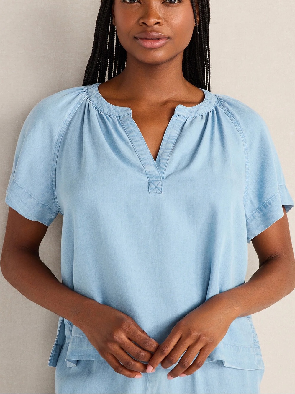 NWT Talbots Haven CHAMBRAY Sky Wash GATHERED SPLIT NECK TOP | XXS